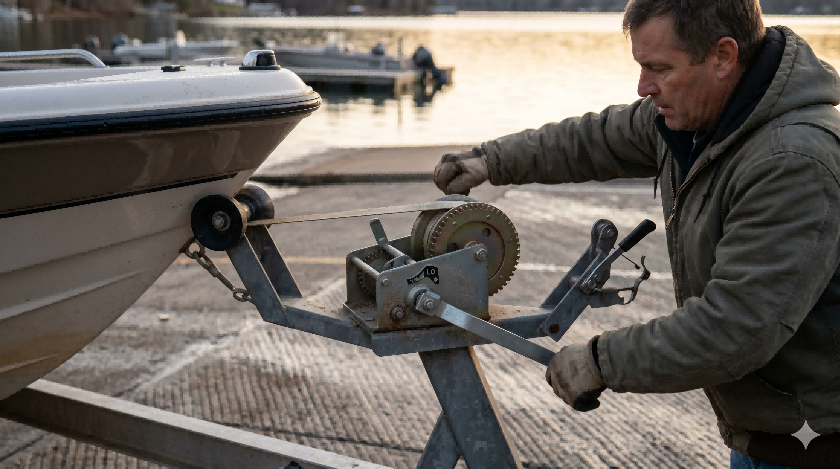 Two-speed manual boat trailer winch in low gear providing controlled final pull at a launch ramp